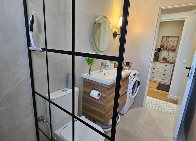 WC and vanity behind a glass partition at Eda House, with washing machine